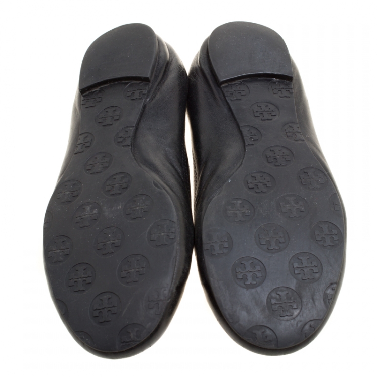 Pre Owned Tory Burch Black Leather Minnie Scrunch Ballet Flats Size 38