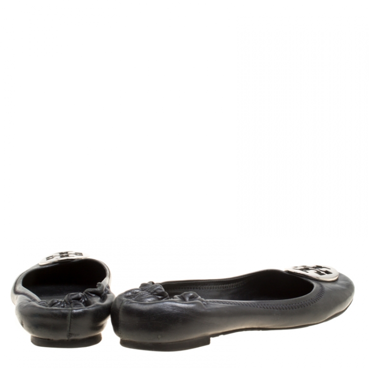 Pre Owned Tory Burch Black Leather Minnie Scrunch Ballet Flats Size 38
