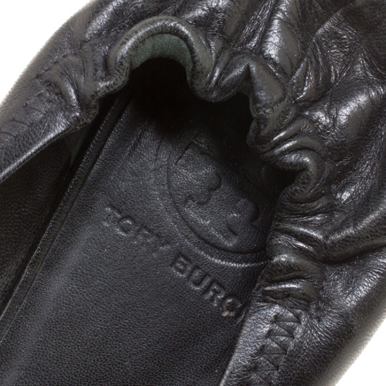 Pre Owned Tory Burch Black Leather Minnie Scrunch Ballet Flats Size 38