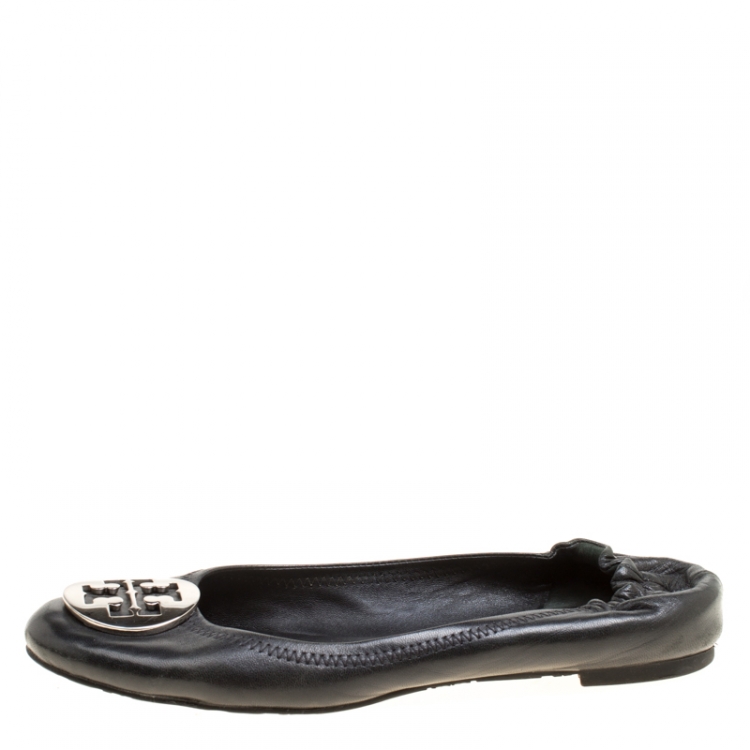 Pre Owned Tory Burch Black Leather Minnie Scrunch Ballet Flats Size 38