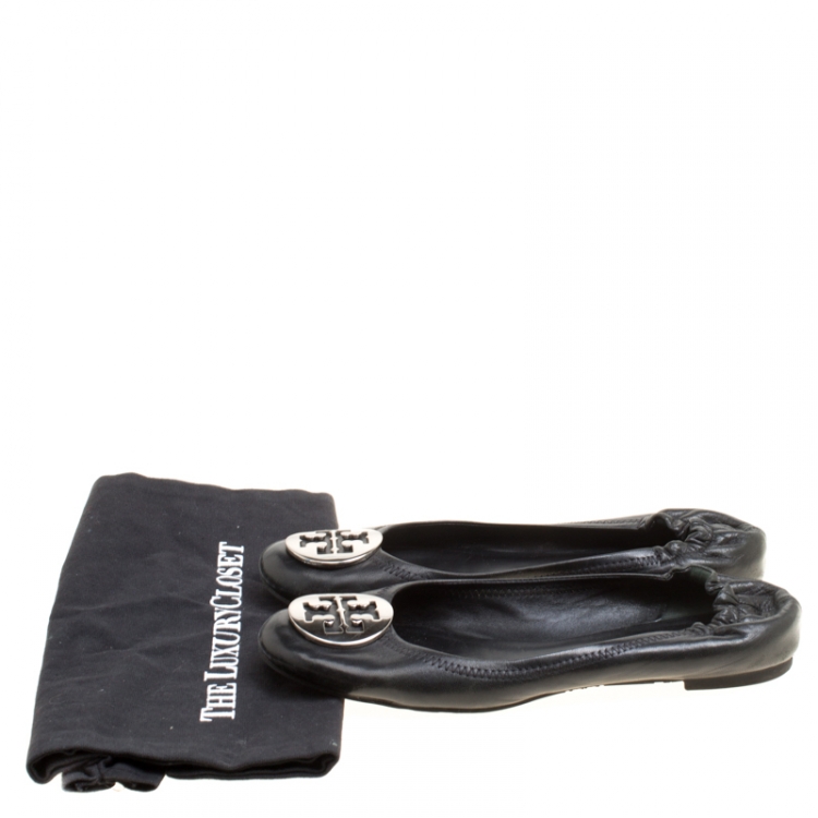 Pre Owned Tory Burch Black Leather Minnie Scrunch Ballet Flats Size 38