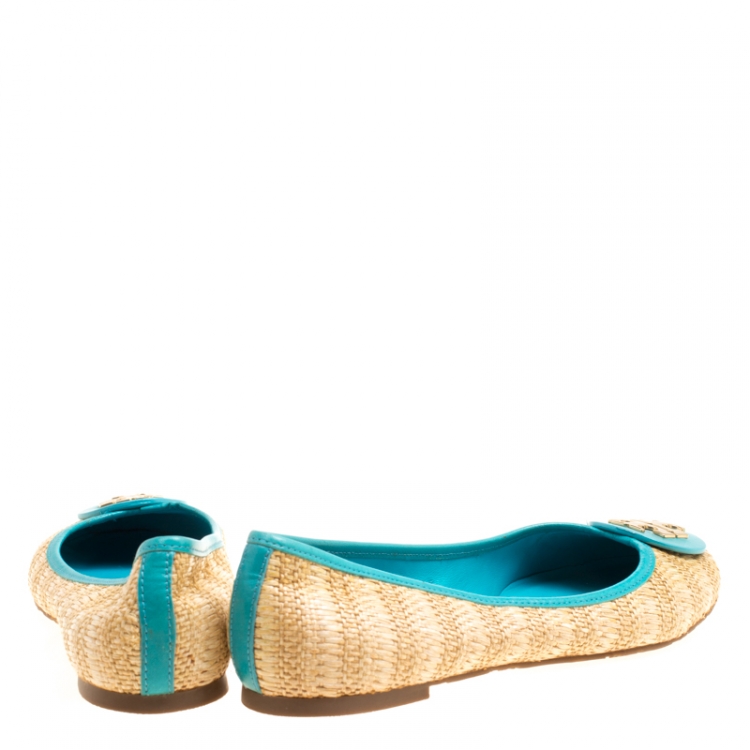 Pre Owned Tory Burch Beige Raffia With Leather Trim Reva Ballet Flats Size 41