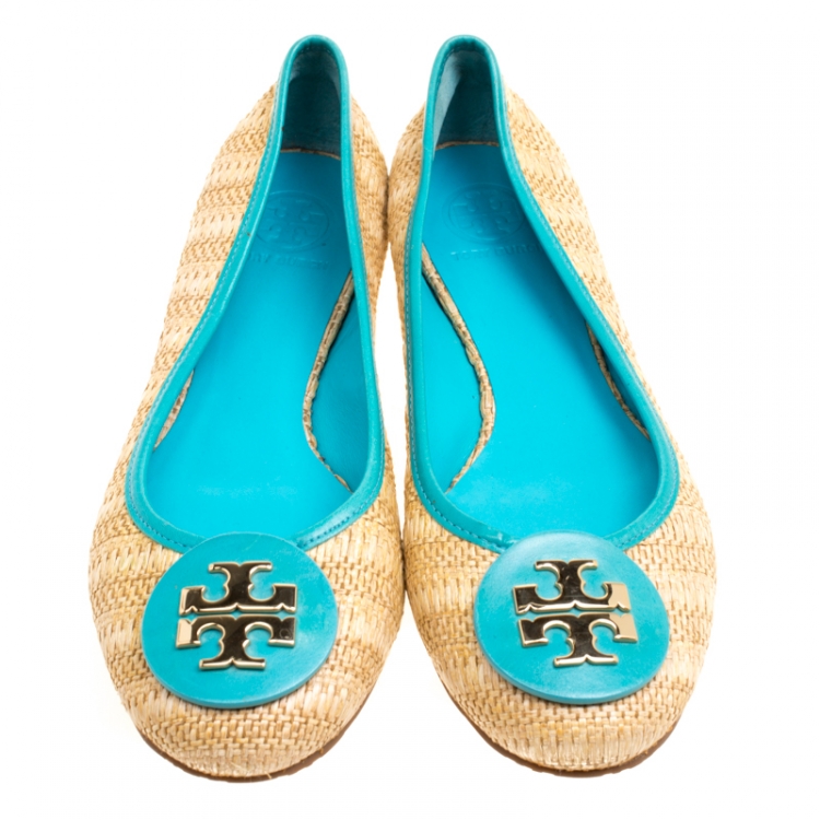 Pre Owned Tory Burch Beige Raffia With Leather Trim Reva Ballet Flats Size 41