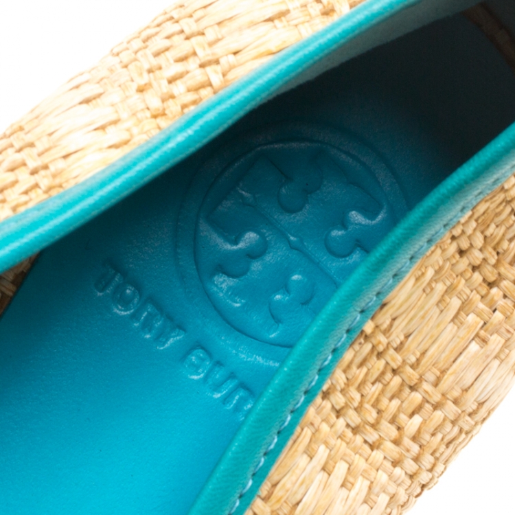 Pre Owned Tory Burch Beige Raffia With Leather Trim Reva Ballet Flats Size 41