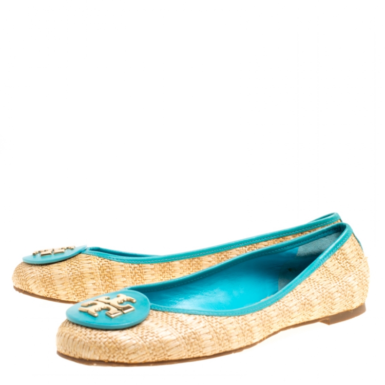 Pre Owned Tory Burch Beige Raffia With Leather Trim Reva Ballet Flats Size 41
