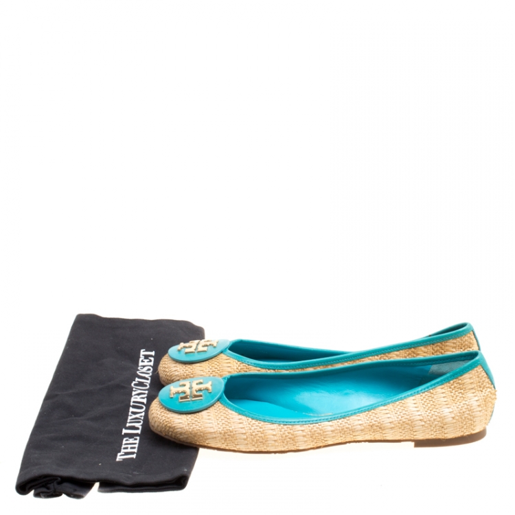 Pre Owned Tory Burch Beige Raffia With Leather Trim Reva Ballet Flats Size 41