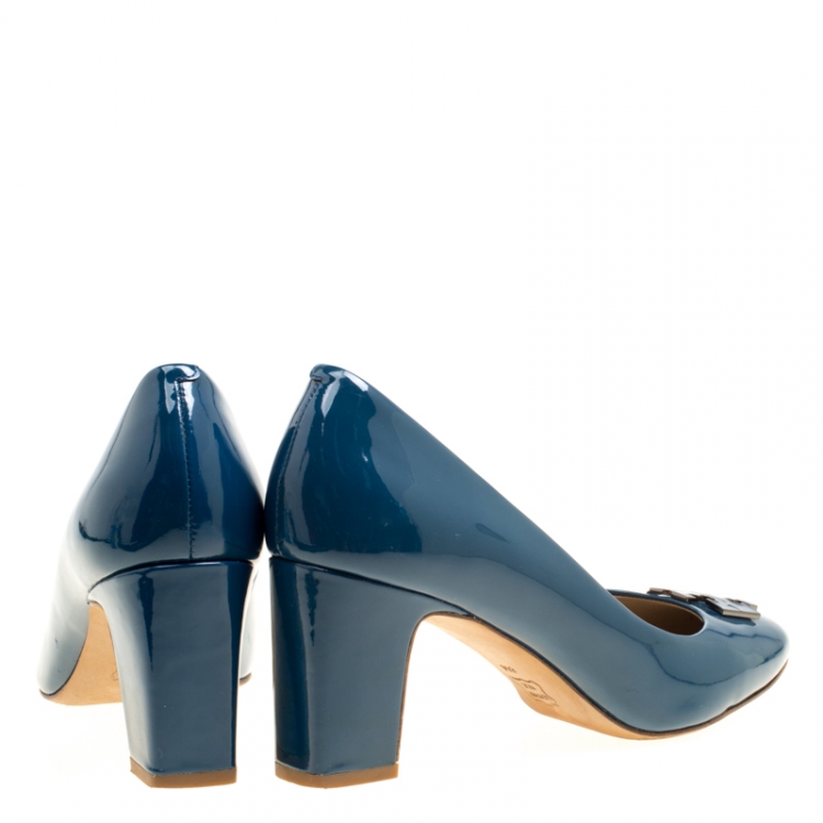 Pre Owned Tory Burch Teal Patent Leather Raleigh Round Toe Pumps Size 38