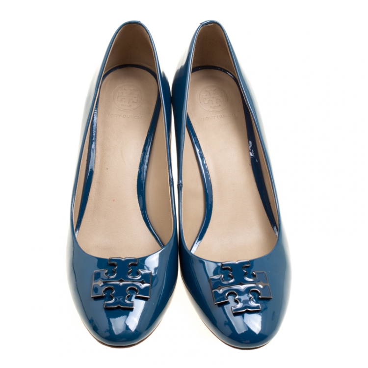 Pre Owned Tory Burch Teal Patent Leather Raleigh Round Toe Pumps Size 38