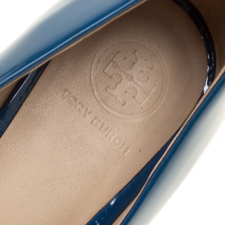 Pre Owned Tory Burch Teal Patent Leather Raleigh Round Toe Pumps Size 38