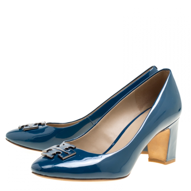 Pre Owned Tory Burch Teal Patent Leather Raleigh Round Toe Pumps Size 38