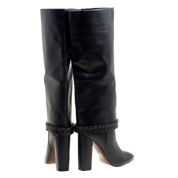 Pre Owned Tory Burch Dark Blue Leather Sarava Braid Detail Knee Boots Size 40