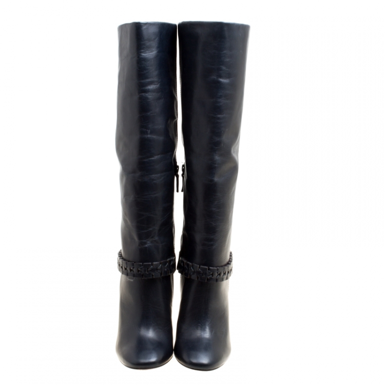 Pre Owned Tory Burch Dark Blue Leather Sarava Braid Detail Knee Boots Size 40