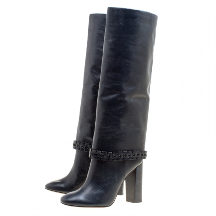Pre Owned Tory Burch Dark Blue Leather Sarava Braid Detail Knee Boots Size 40