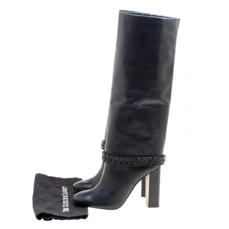 Pre Owned Tory Burch Dark Blue Leather Sarava Braid Detail Knee Boots Size 40