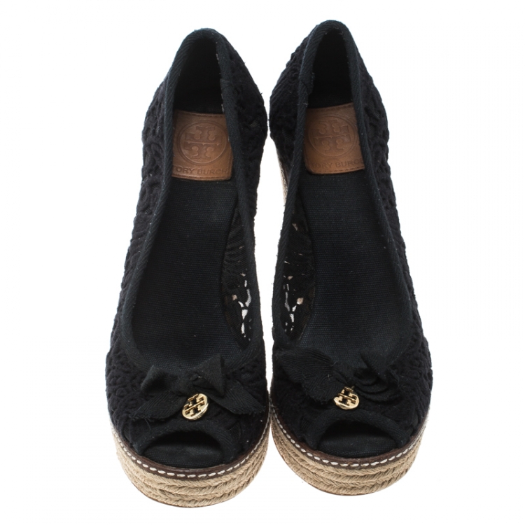 Pre Owned Tory Burch Black Crochet Jackie Peep Toe Platform Wedge Sandals Size 39.5