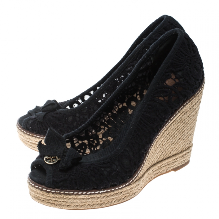 Pre Owned Tory Burch Black Crochet Jackie Peep Toe Platform Wedge Sandals Size 39.5