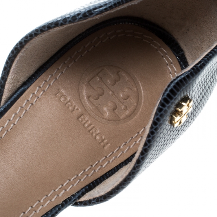 Pre Owned Tory Burch Blue Lizard Embossed Leather Viv D'orsay Pointed Toe Flats Size 37.5
