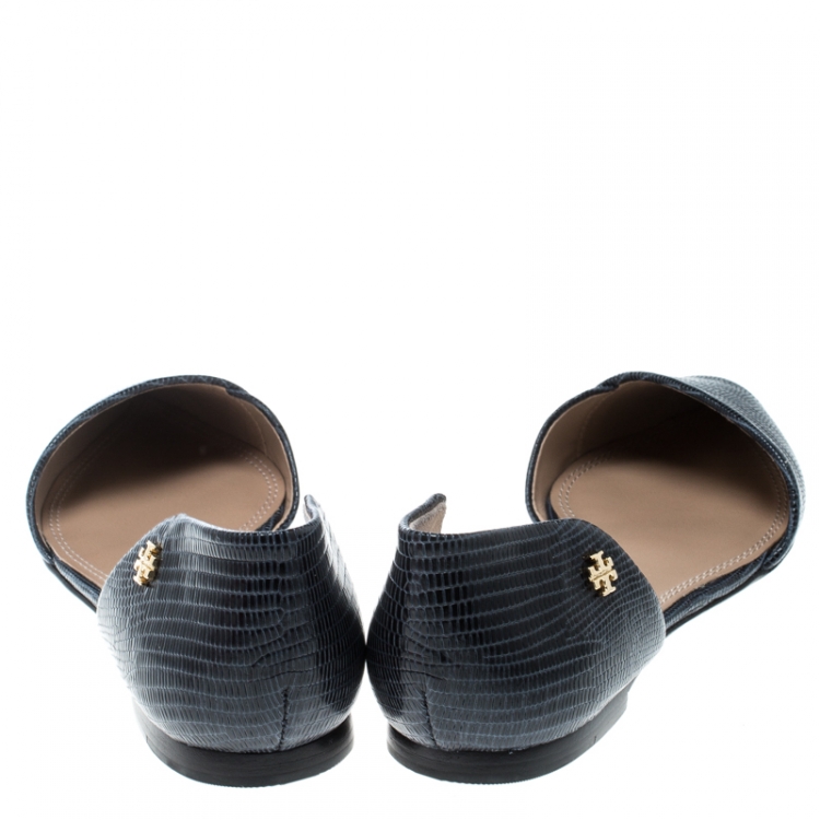 Pre Owned Tory Burch Blue Lizard Embossed Leather Viv D'orsay Pointed Toe Flats Size 37.5