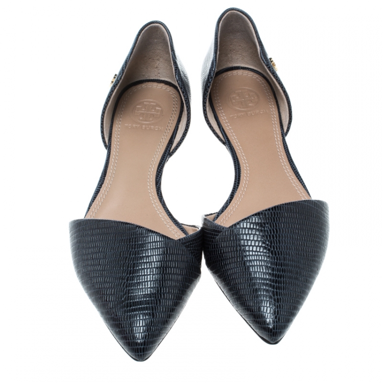 Pre Owned Tory Burch Blue Lizard Embossed Leather Viv D'orsay Pointed Toe Flats Size 37.5