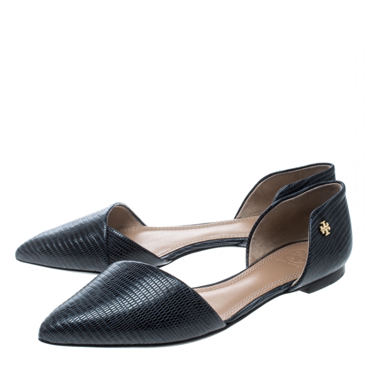 Pre Owned Tory Burch Blue Lizard Embossed Leather Viv D'orsay Pointed Toe Flats Size 37.5