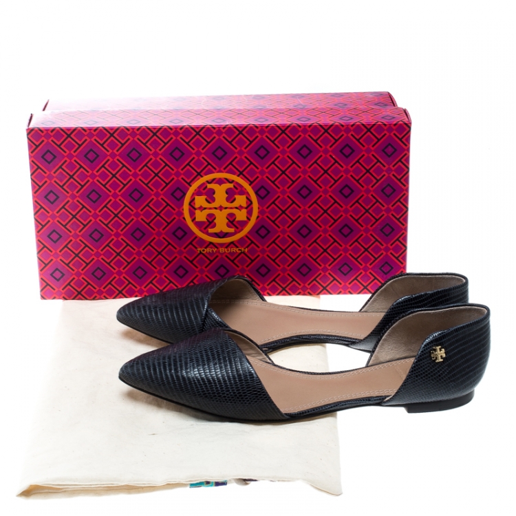 Pre Owned Tory Burch Blue Lizard Embossed Leather Viv D'orsay Pointed Toe Flats Size 37.5