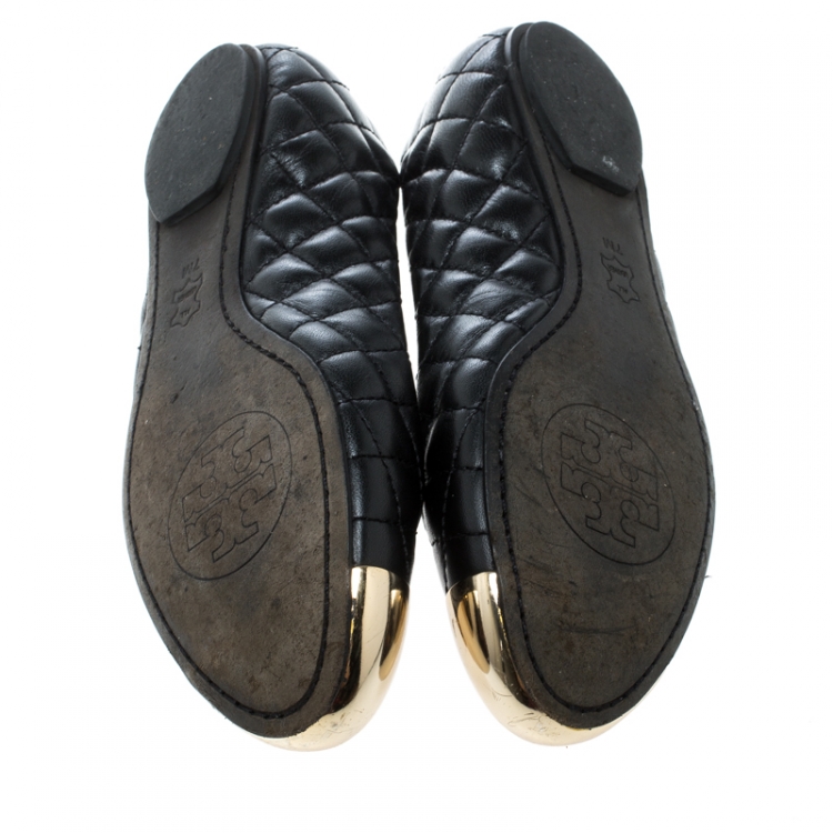 Pre Owned Tory Burch Black Quilted Leather Kaitlin Metal Cap Toe Ballet Flats Size 37