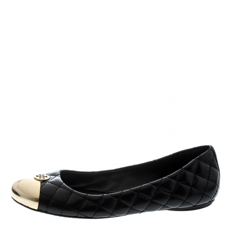 Pre Owned Tory Burch Black Quilted Leather Kaitlin Metal Cap Toe Ballet Flats Size 37