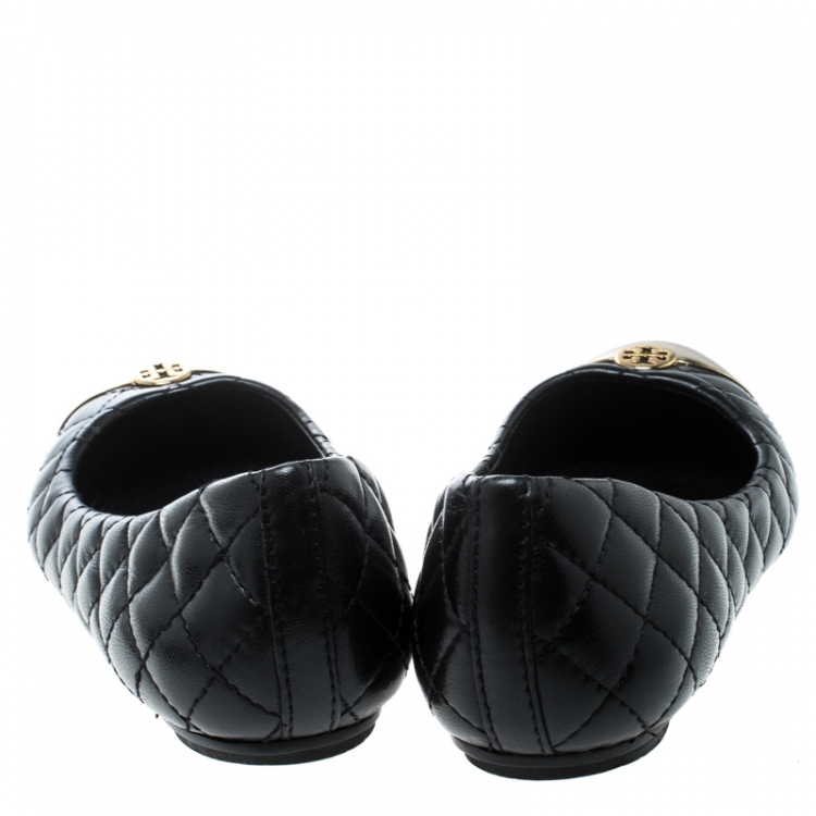 Pre Owned Tory Burch Black Quilted Leather Kaitlin Metal Cap Toe Ballet Flats Size 37