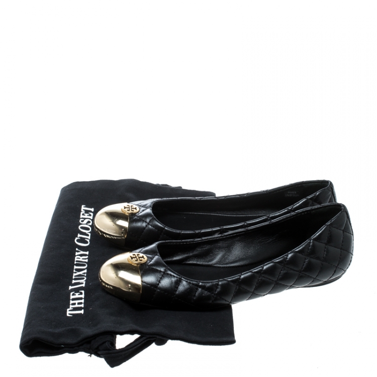 Pre Owned Tory Burch Black Quilted Leather Kaitlin Metal Cap Toe Ballet Flats Size 37