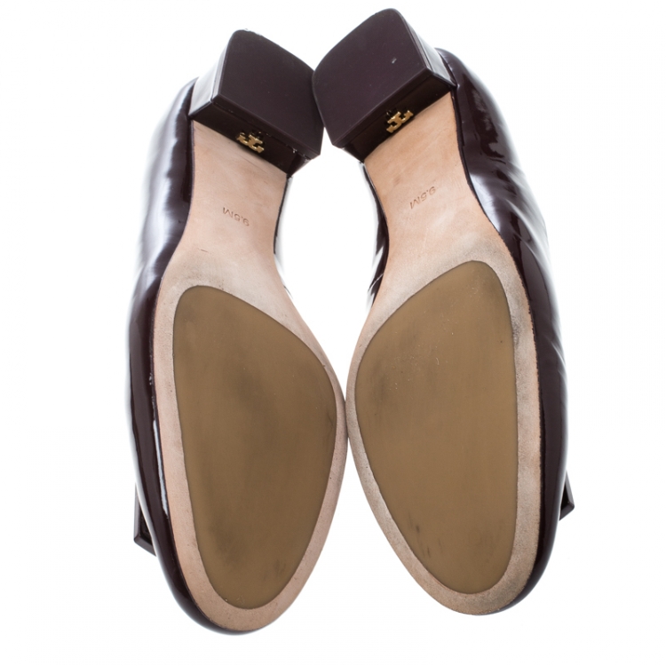 Pre Owned Tory Burch Burgundy Patent Leather Gigi Block Heel Pumps Size 39.5