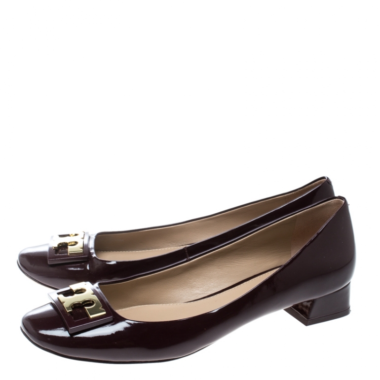 Pre Owned Tory Burch Burgundy Patent Leather Gigi Block Heel Pumps Size 39.5