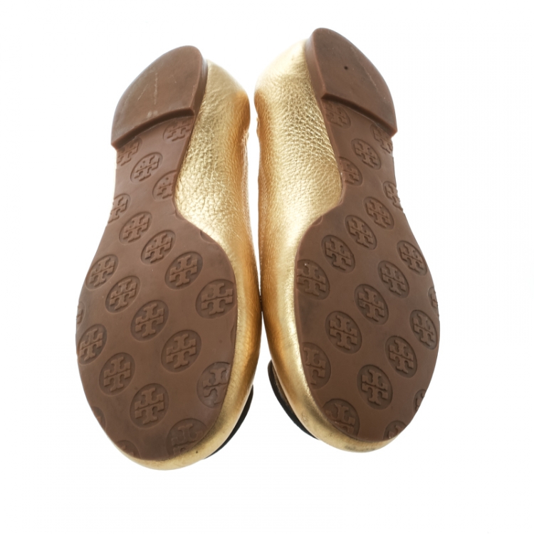 Pre Owned Tory Burch Metallic Gold Leather Minnie Scrunch Ballet Flats Size 38