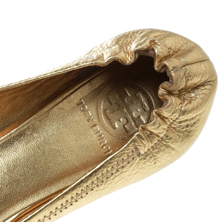 Pre Owned Tory Burch Metallic Gold Leather Minnie Scrunch Ballet Flats Size 38