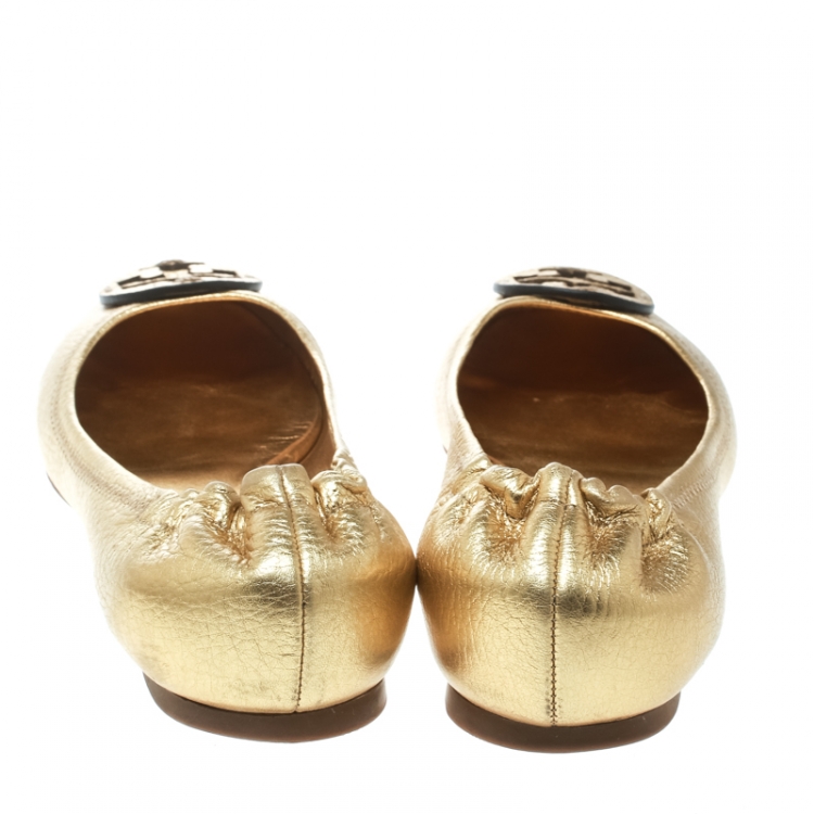 Pre Owned Tory Burch Metallic Gold Leather Minnie Scrunch Ballet Flats Size 38