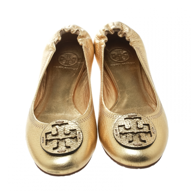 Pre Owned Tory Burch Metallic Gold Leather Minnie Scrunch Ballet Flats Size 38