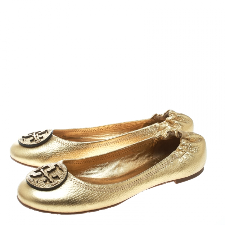 Pre Owned Tory Burch Metallic Gold Leather Minnie Scrunch Ballet Flats Size 38