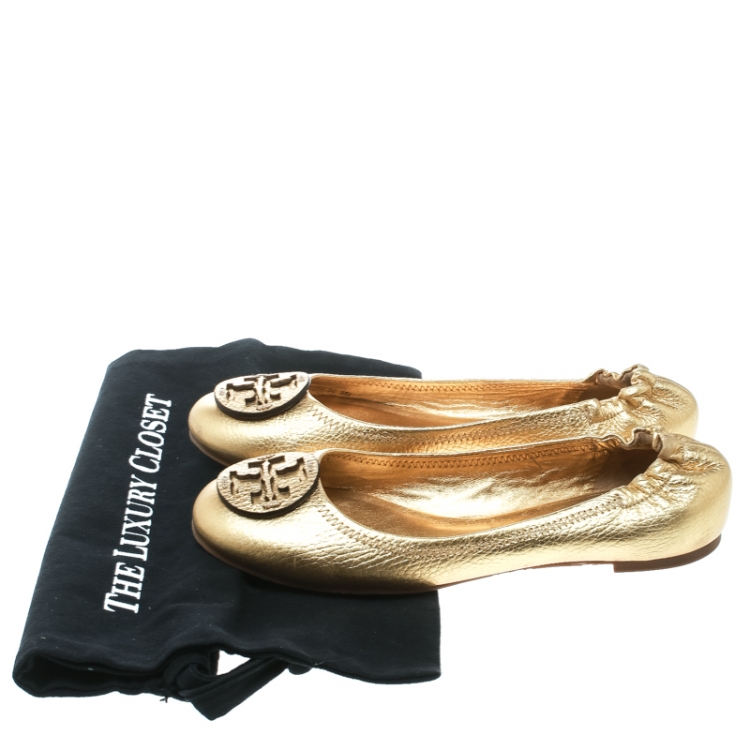 Pre Owned Tory Burch Metallic Gold Leather Minnie Scrunch Ballet Flats Size 38