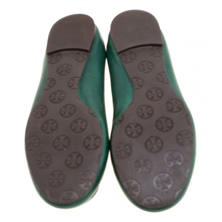 Pre Owned Tory Burch Green Leather Minnie Scrunch Ballet Flats Size 38.5