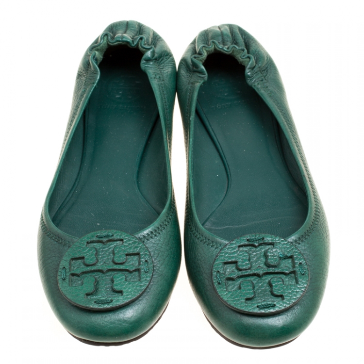 Pre Owned Tory Burch Green Leather Minnie Scrunch Ballet Flats Size 38.5