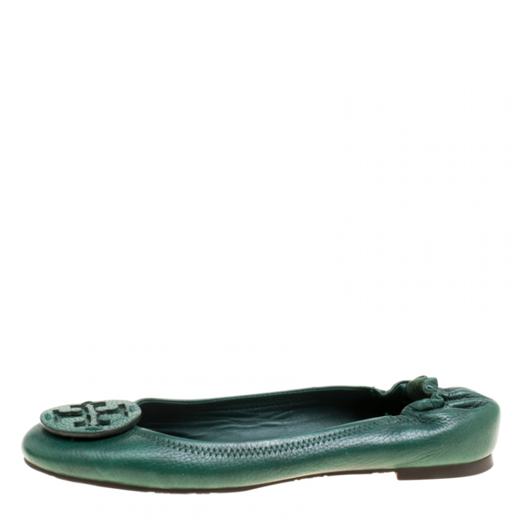 Pre Owned Tory Burch Green Leather Minnie Scrunch Ballet Flats Size 38.5