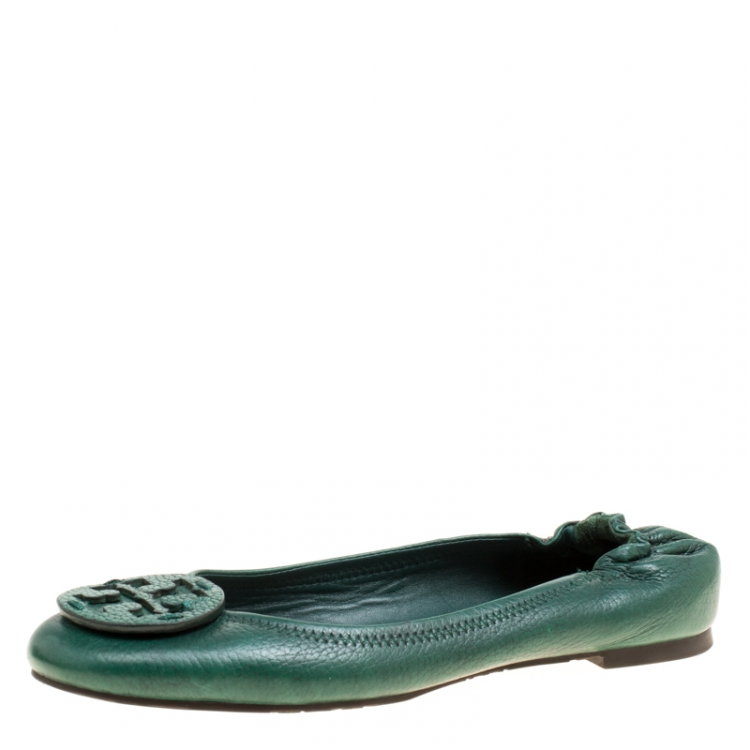 Pre Owned Tory Burch Green Leather Minnie Scrunch Ballet Flats Size 38.5
