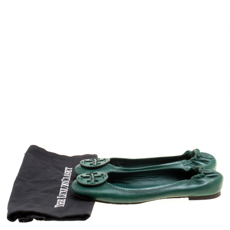 Pre Owned Tory Burch Green Leather Minnie Scrunch Ballet Flats Size 38.5