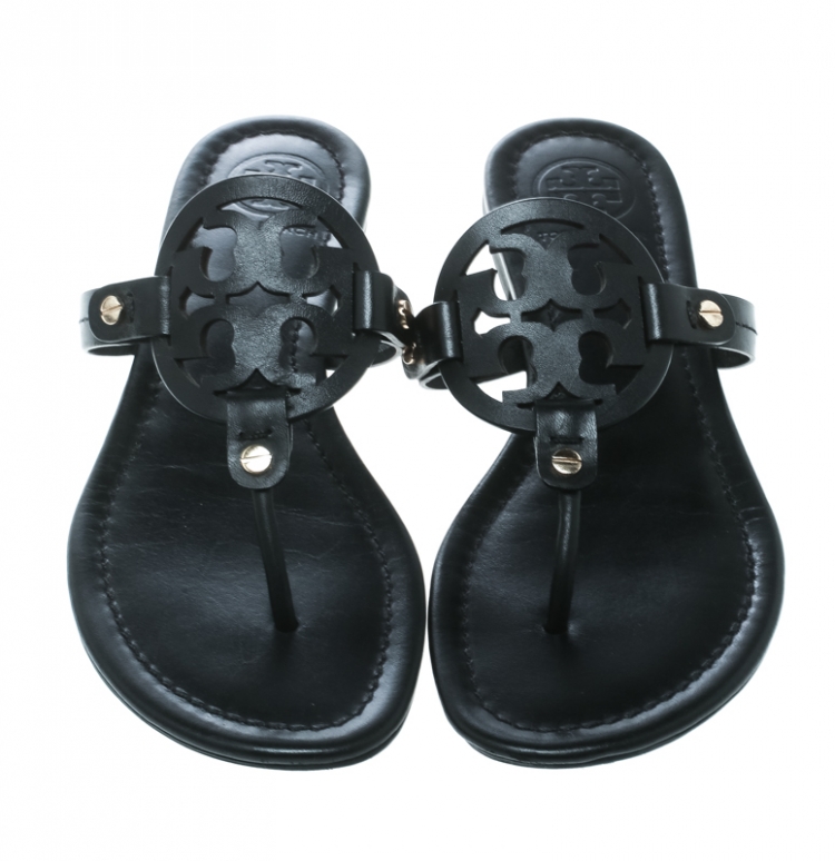 Pre Owned Tory Burch Black Leather Miller Flat Thong Sandals Size 38.5