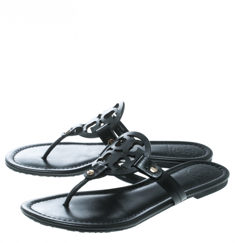 Pre Owned Tory Burch Black Leather Miller Flat Thong Sandals Size 38.5