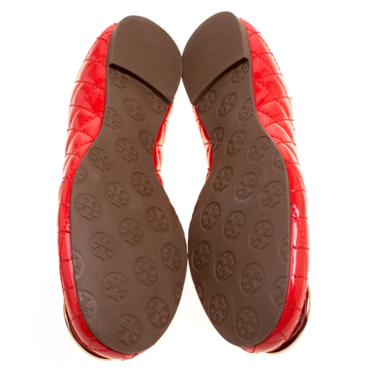 Pre Owned Tory Burch Red Quilted Leather Quinn Ballet Flats Size 40