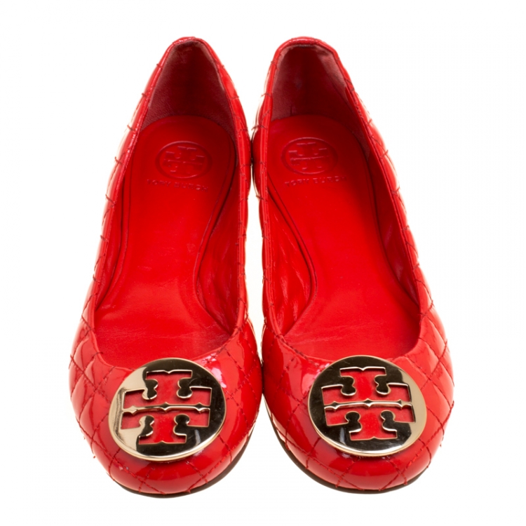 Pre Owned Tory Burch Red Quilted Leather Quinn Ballet Flats Size 40