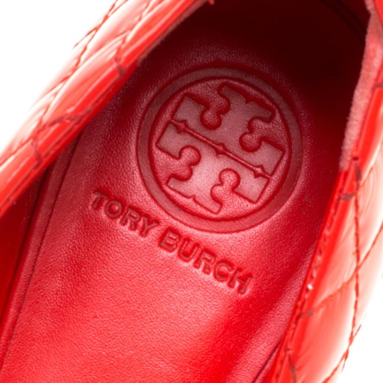 Pre Owned Tory Burch Red Quilted Leather Quinn Ballet Flats Size 40