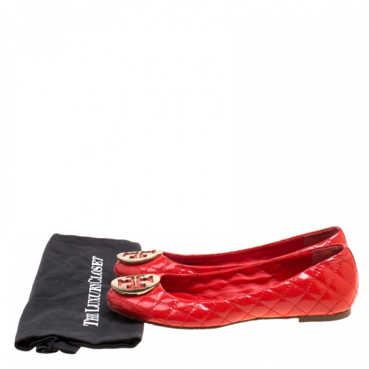 Pre Owned Tory Burch Red Quilted Leather Quinn Ballet Flats Size 40
