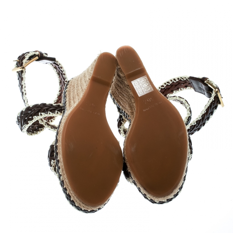 Pre Owned Tory Burch Two Tone Woven Leather Paloma Ankle Strap Espadrille Wedge Sandals Size 36.5