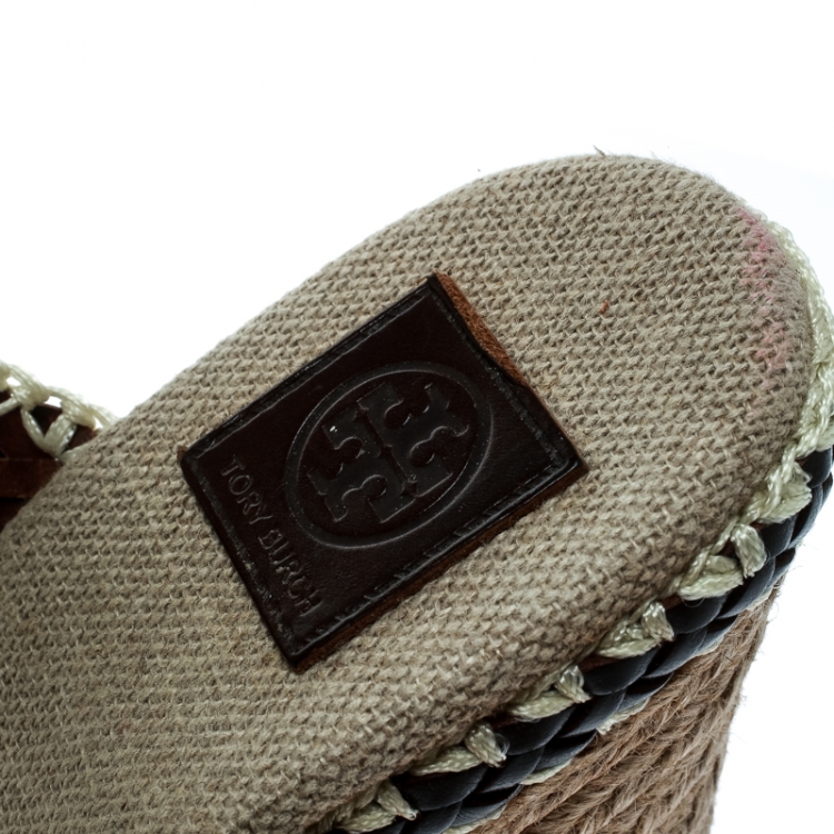 Pre Owned Tory Burch Two Tone Woven Leather Paloma Ankle Strap Espadrille Wedge Sandals Size 36.5